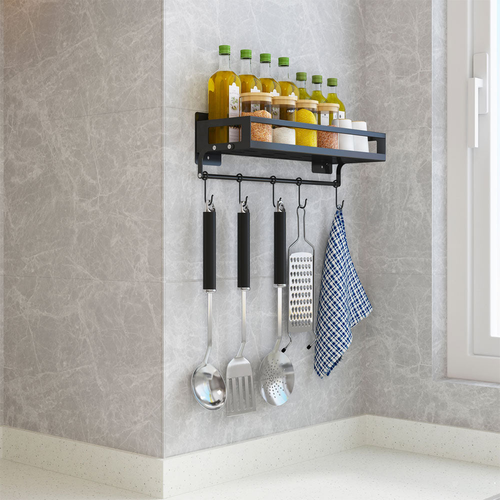 Wall-mounted Spice and Seasoning Rack - with 5 Hooks for Spatulas, Ladles, Kitchen Towels