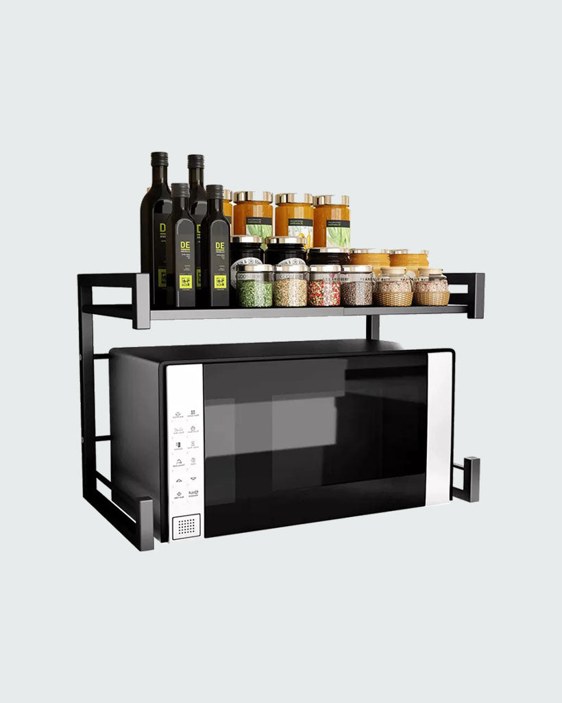 Two-tier, Carbon Steel, Expandable Microwave Rack - Storage Shelf for Microwave and Toaster Oven